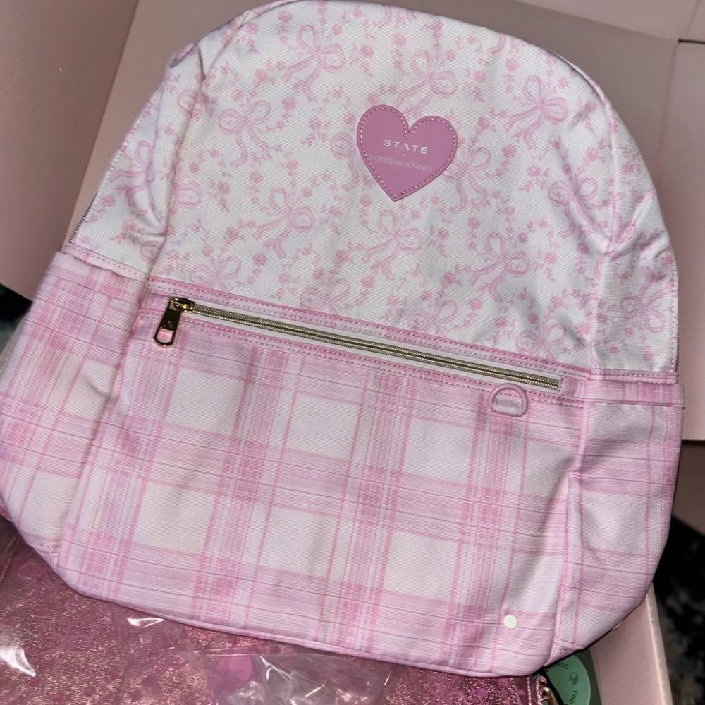 LoveShackFancy state pink coquette bow and gingham print backpack bag - Picture 10 of 12